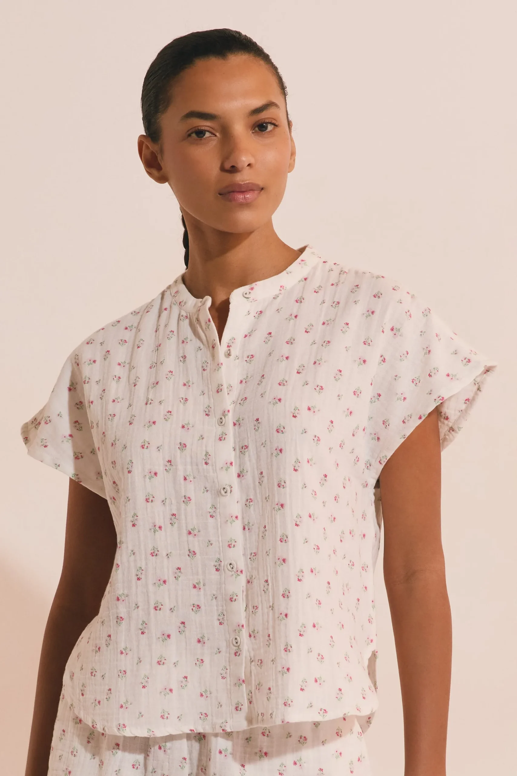 Chemise de pyjama à motifs fleuris en gaze de coton