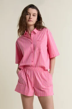 Chemise manches courtes de pyjama à rayures avec coton