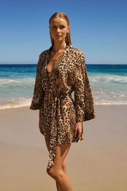 Kimono en coton à imprimé léopard
