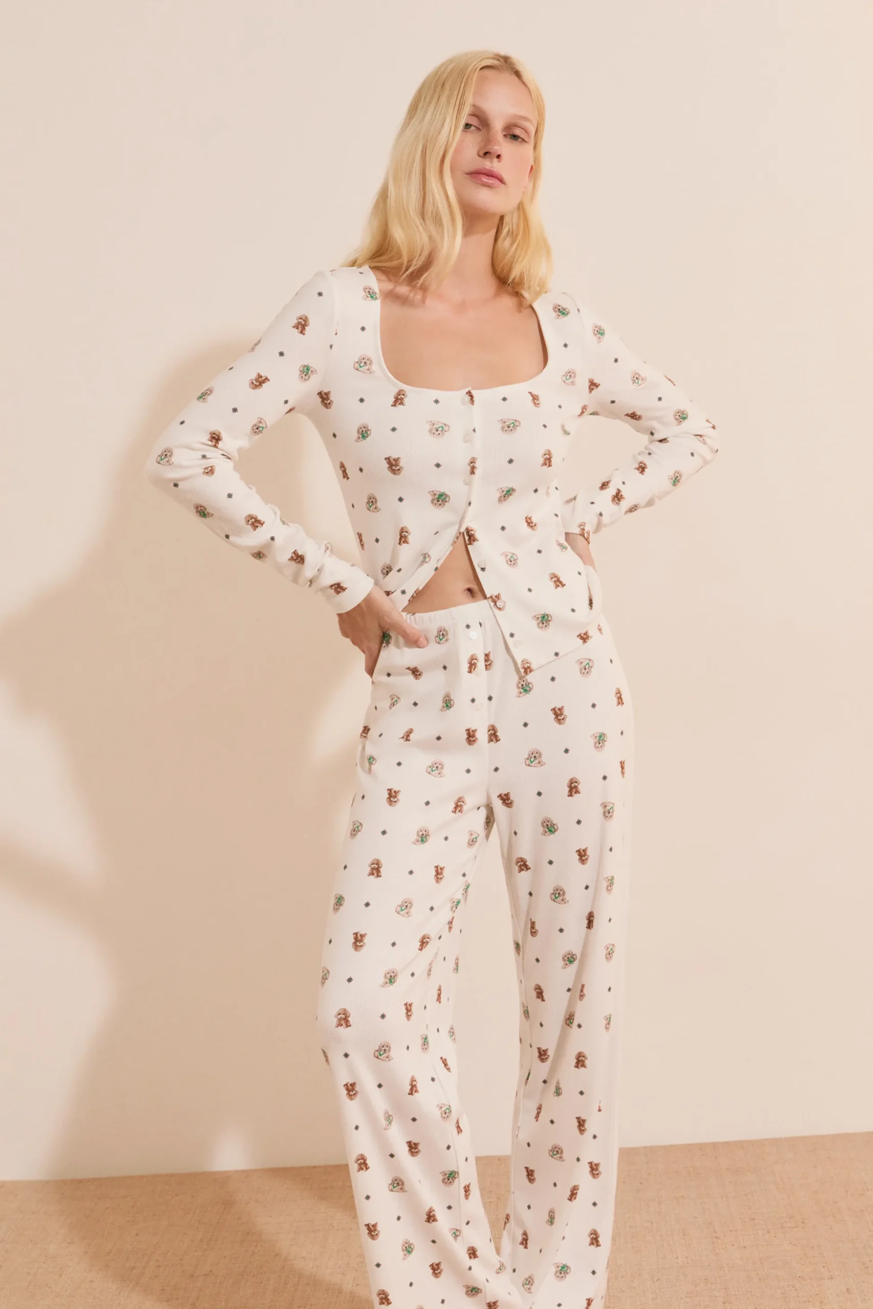 Pantalon de pyjama avec boutons à motifs chiens