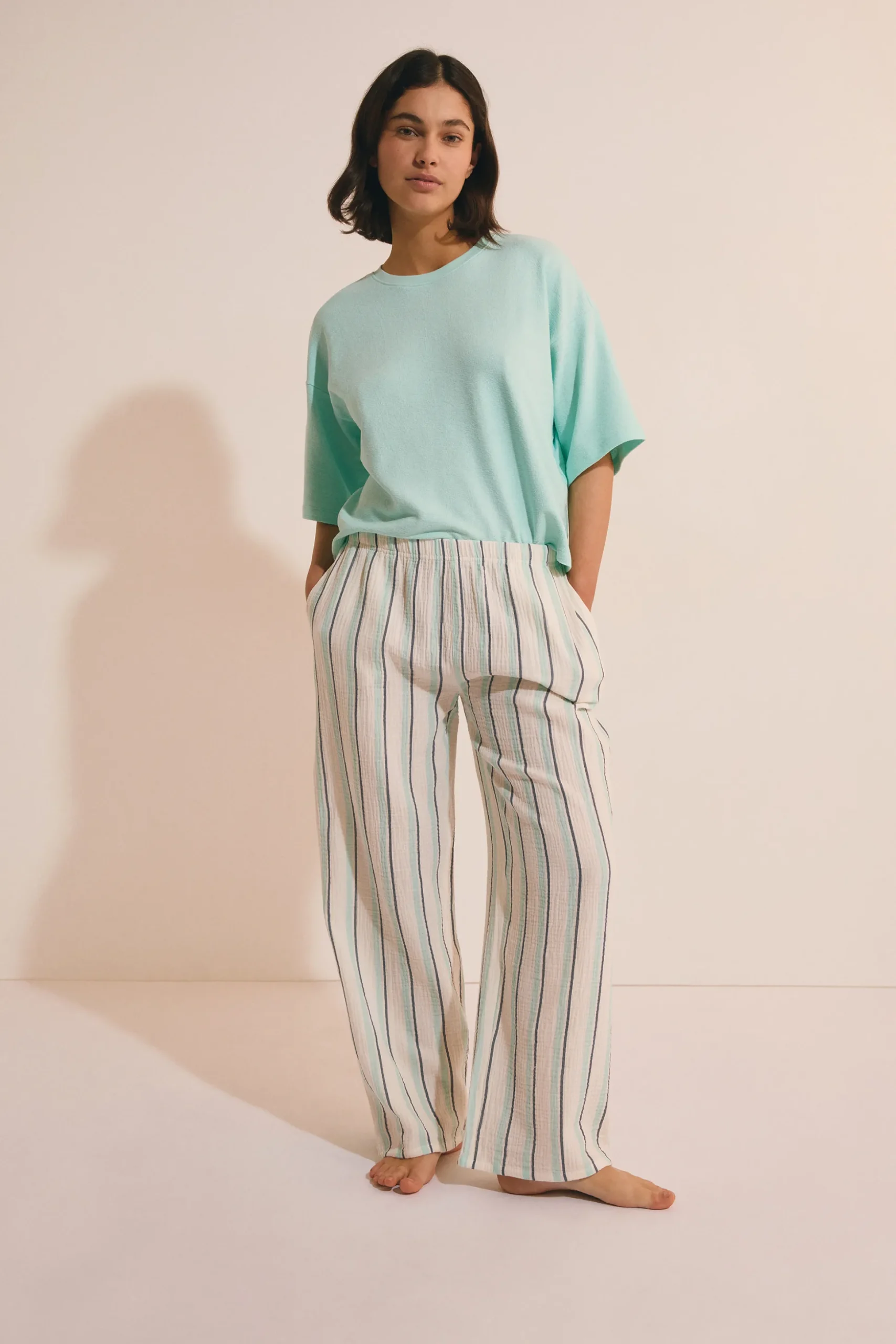 Pantalon de pyjama 7/8 à rayures en gaze de coton