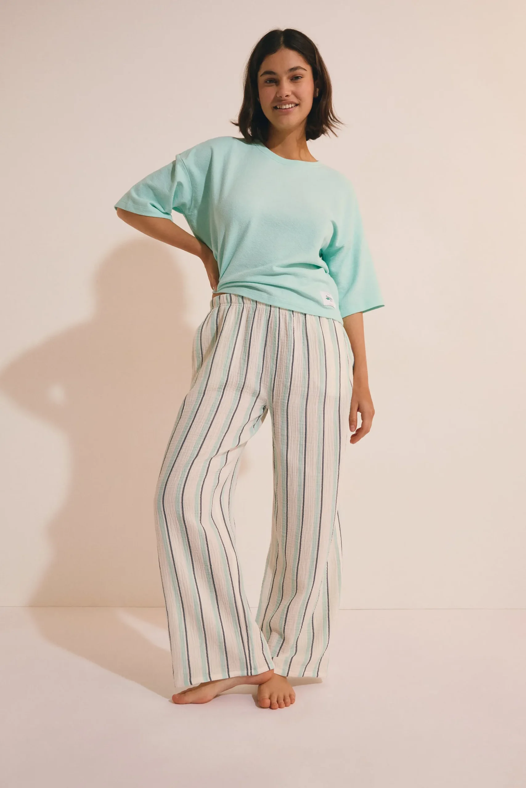 Pantalon de pyjama 7/8 à rayures en gaze de coton