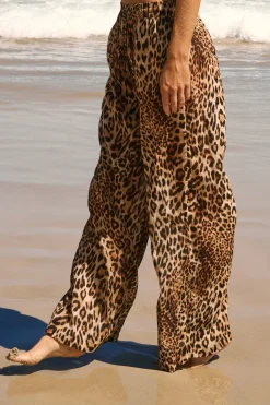Pantalon fluide élastiqué en coton à imprimé léopard