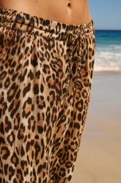 Pantalon fluide élastiqué en coton à imprimé léopard