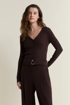 Pull cardigan manches longues en maille côtelée