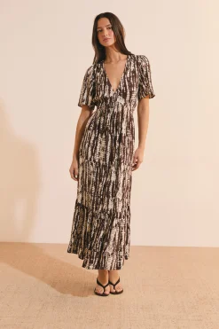 Robe longue col V à motifs