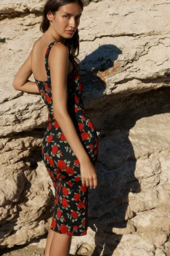 Robe midi avec fente à motif floral