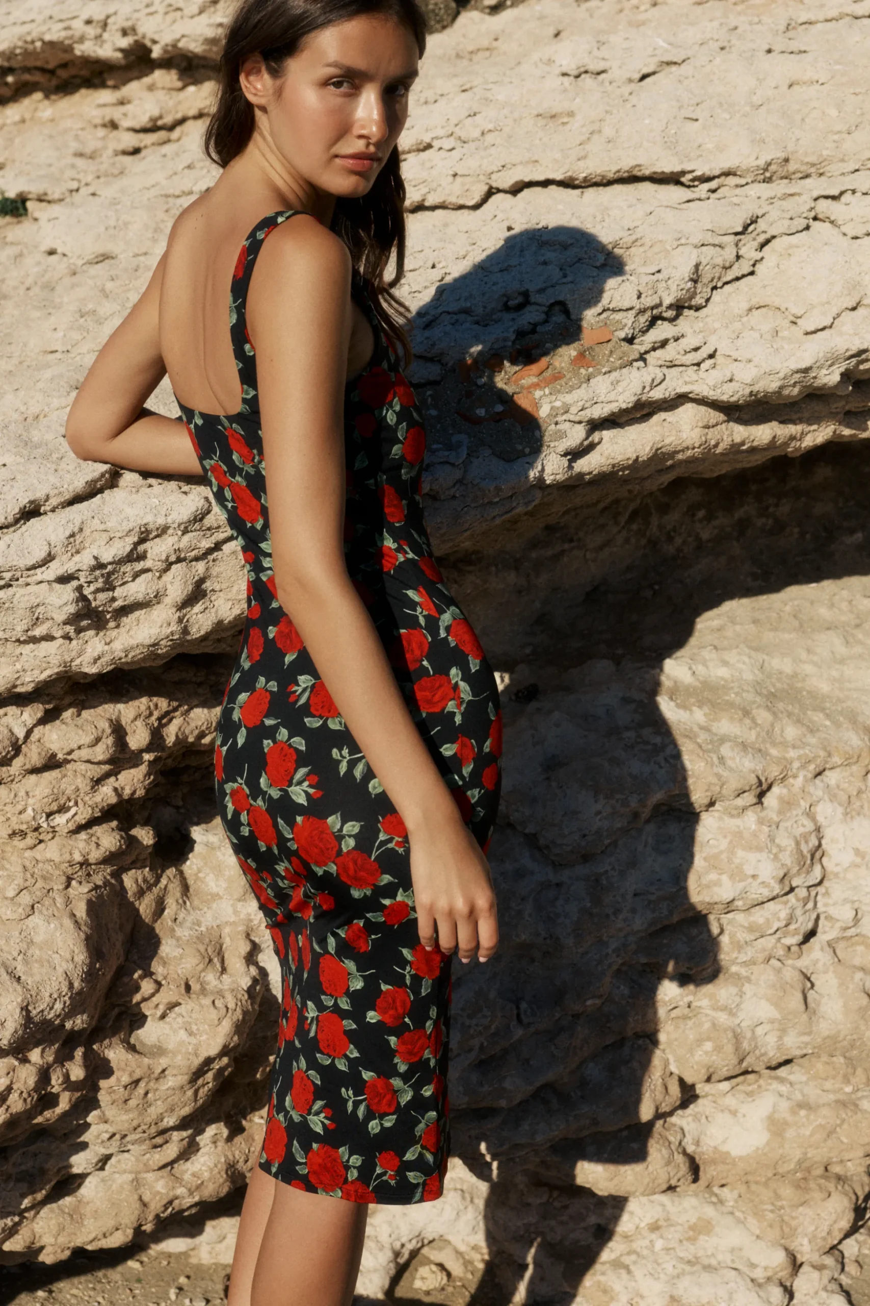 Robe midi avec fente à motif floral