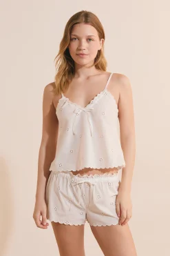 Short de pyjama en coton avec motifs ajourés