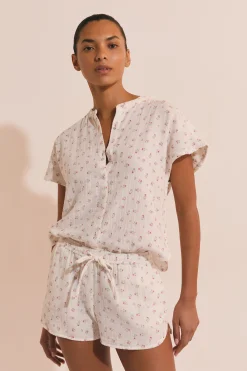 Short de pyjama à motifs fleuris en gaze de coton