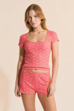 Short de pyjama à motifs fleurs gaufré