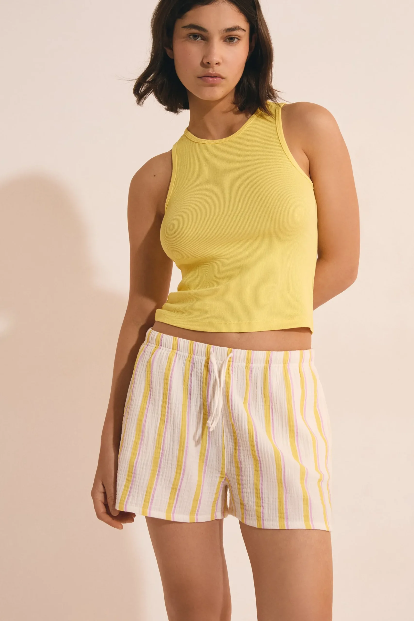 Short de pyjama à rayures en gaze de coton