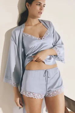 Short de pyjama satiné avec détail en dentelle