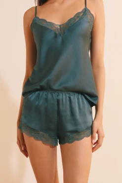 Short de pyjama satiné détails dentelle