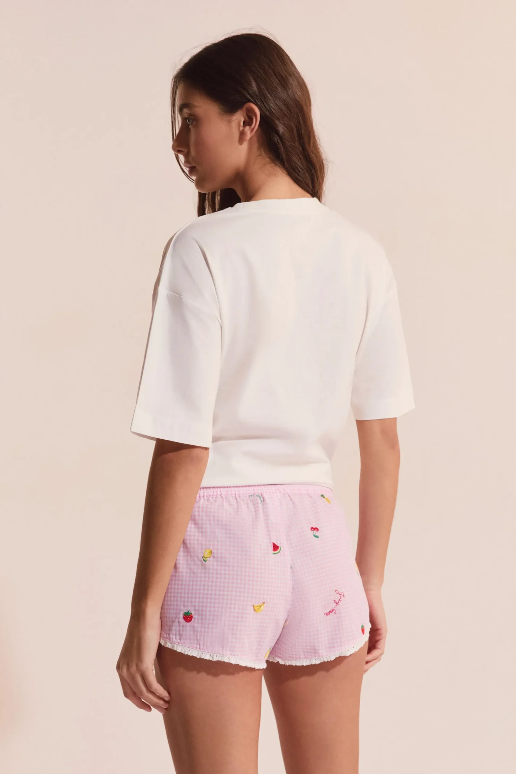 Short de pyjama vichy en coton à motifs fruits