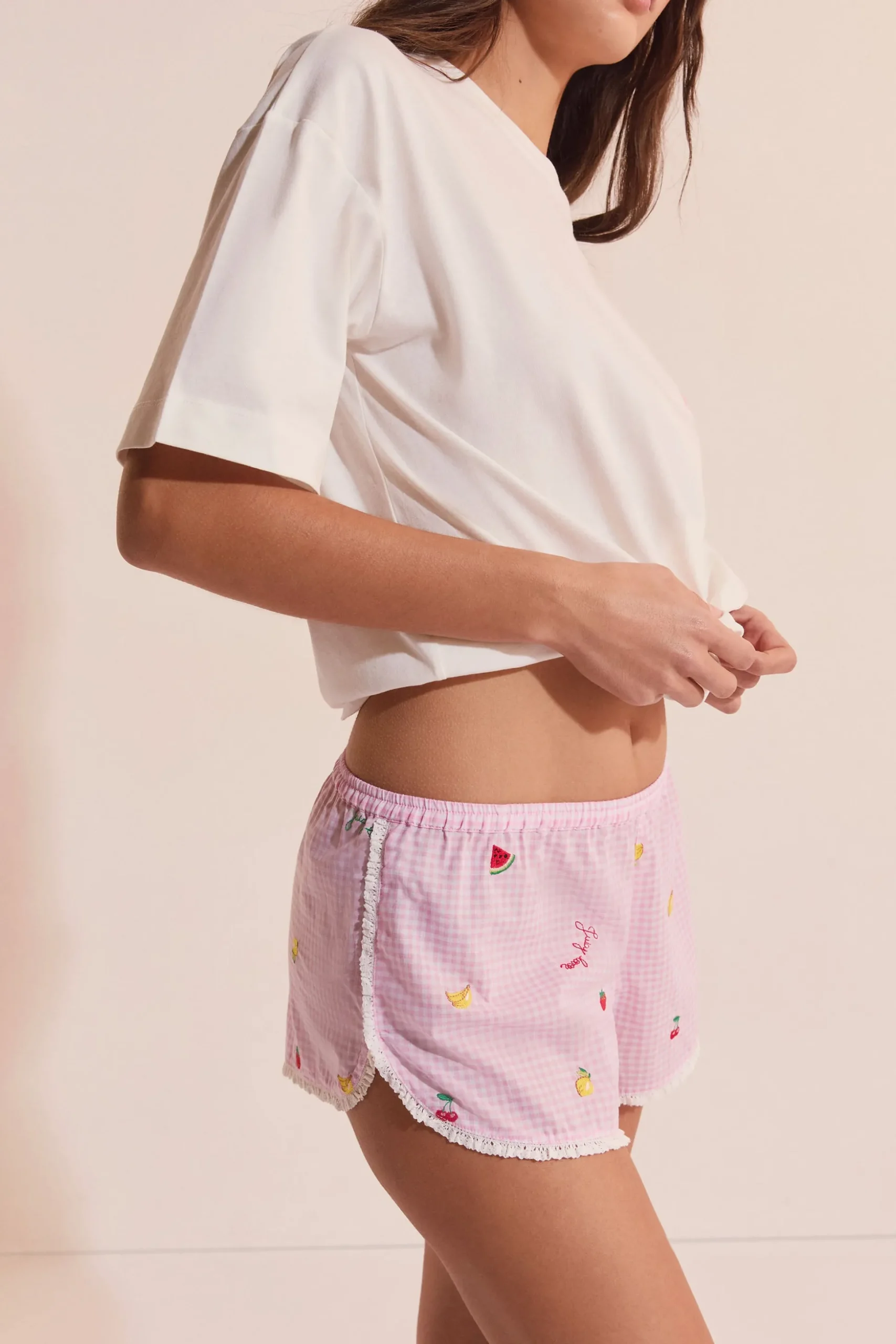 Short de pyjama vichy en coton à motifs fruits