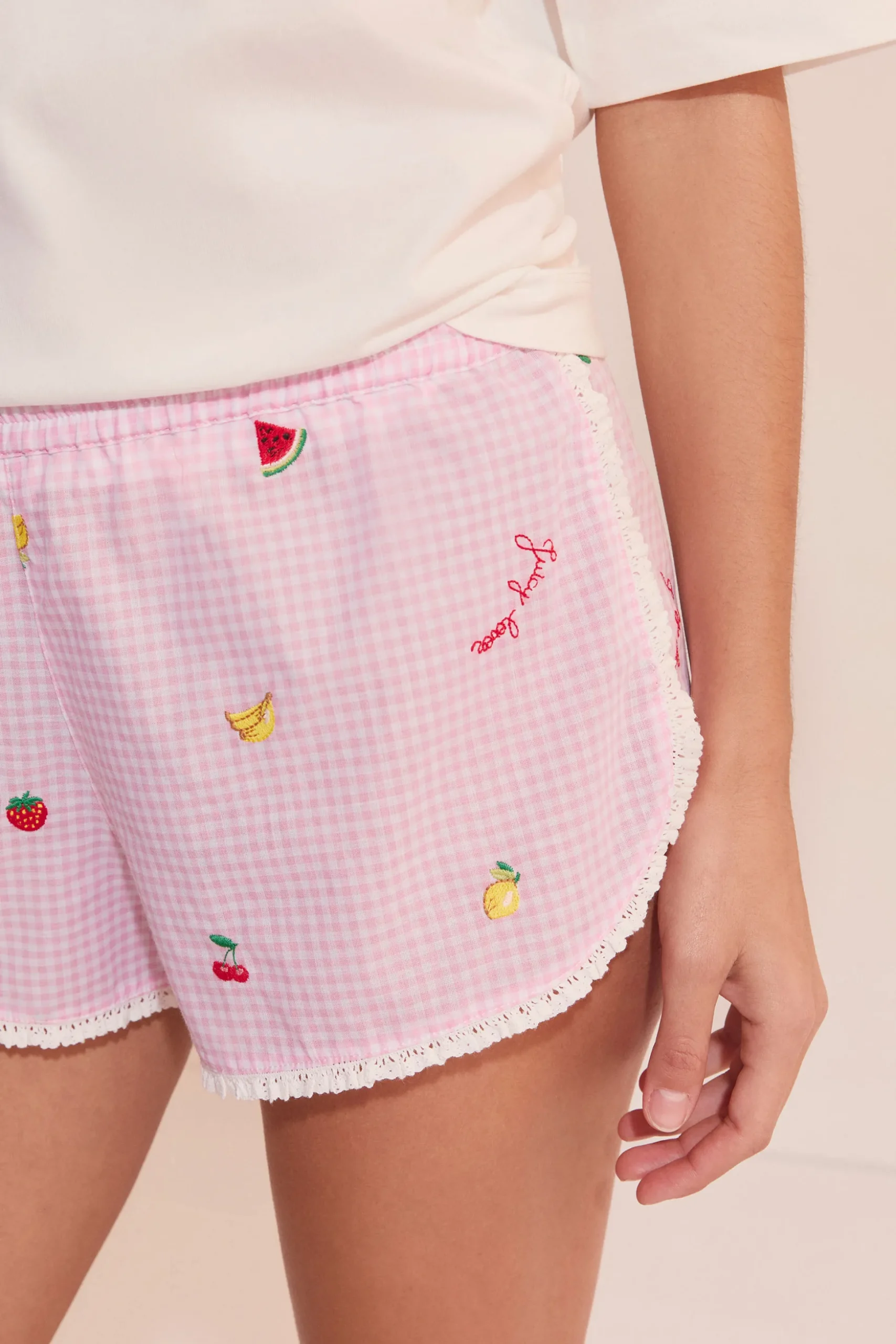Short de pyjama vichy en coton à motifs fruits