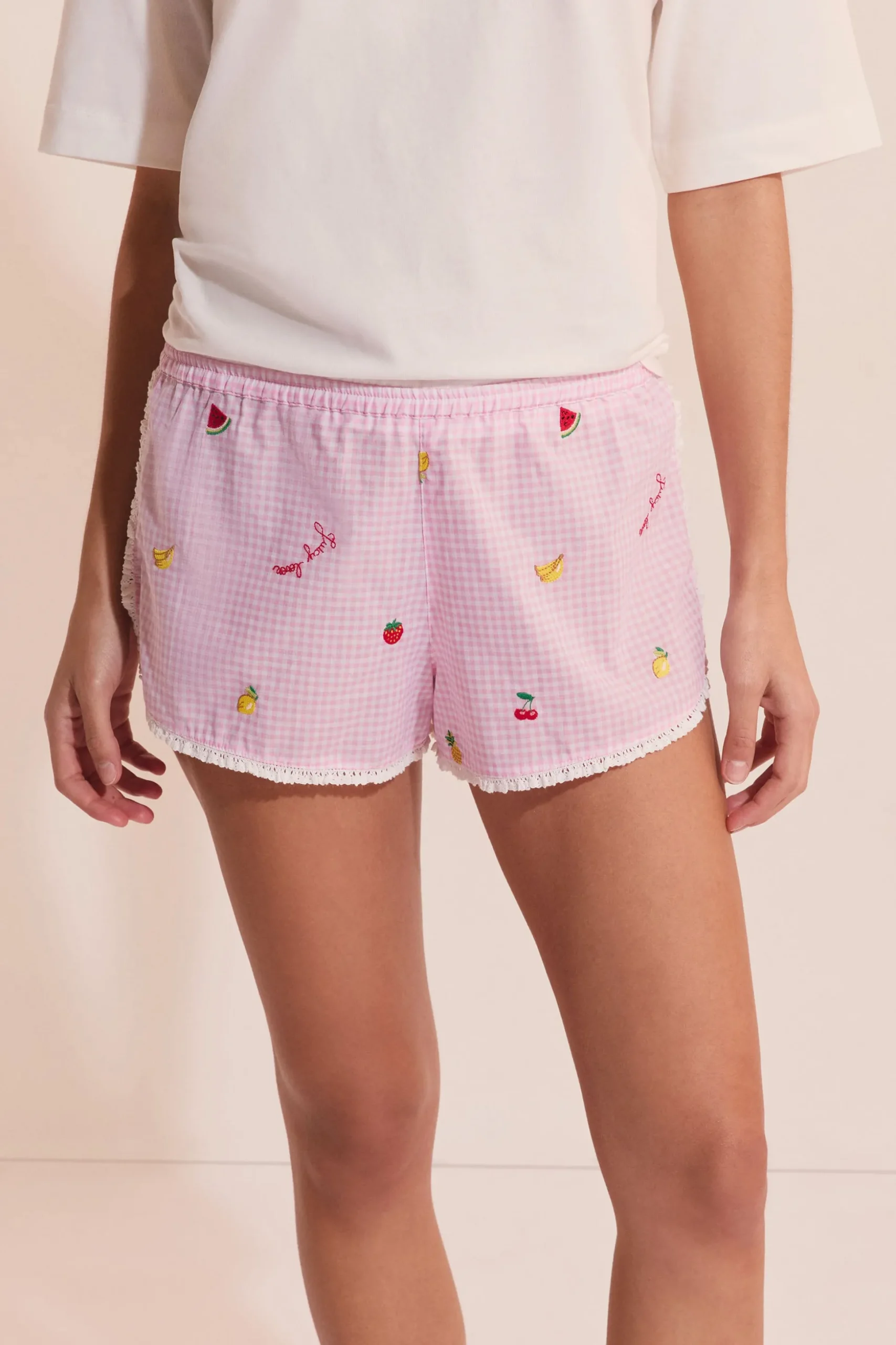 Short de pyjama vichy en coton à motifs fruits