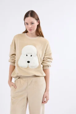 Sweatshirt à manches longues à motif chien effet velours