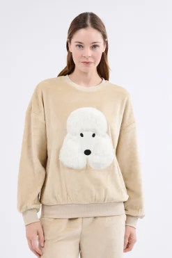 Sweatshirt à manches longues à motif chien effet velours