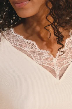 T-shirt col V avec dentelle en coton