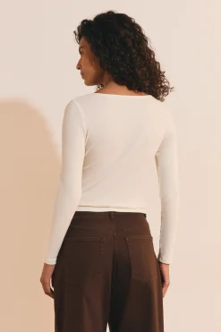 T-shirt col V avec dentelle en coton