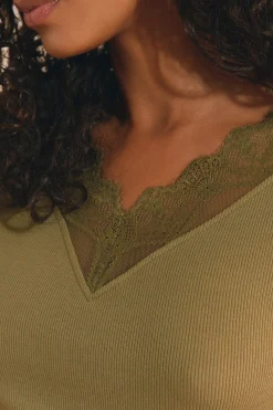 T-shirt col V avec dentelle en coton