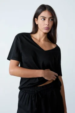 T-shirt col V 100% lin