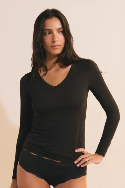 T-shirt col V maille thermique