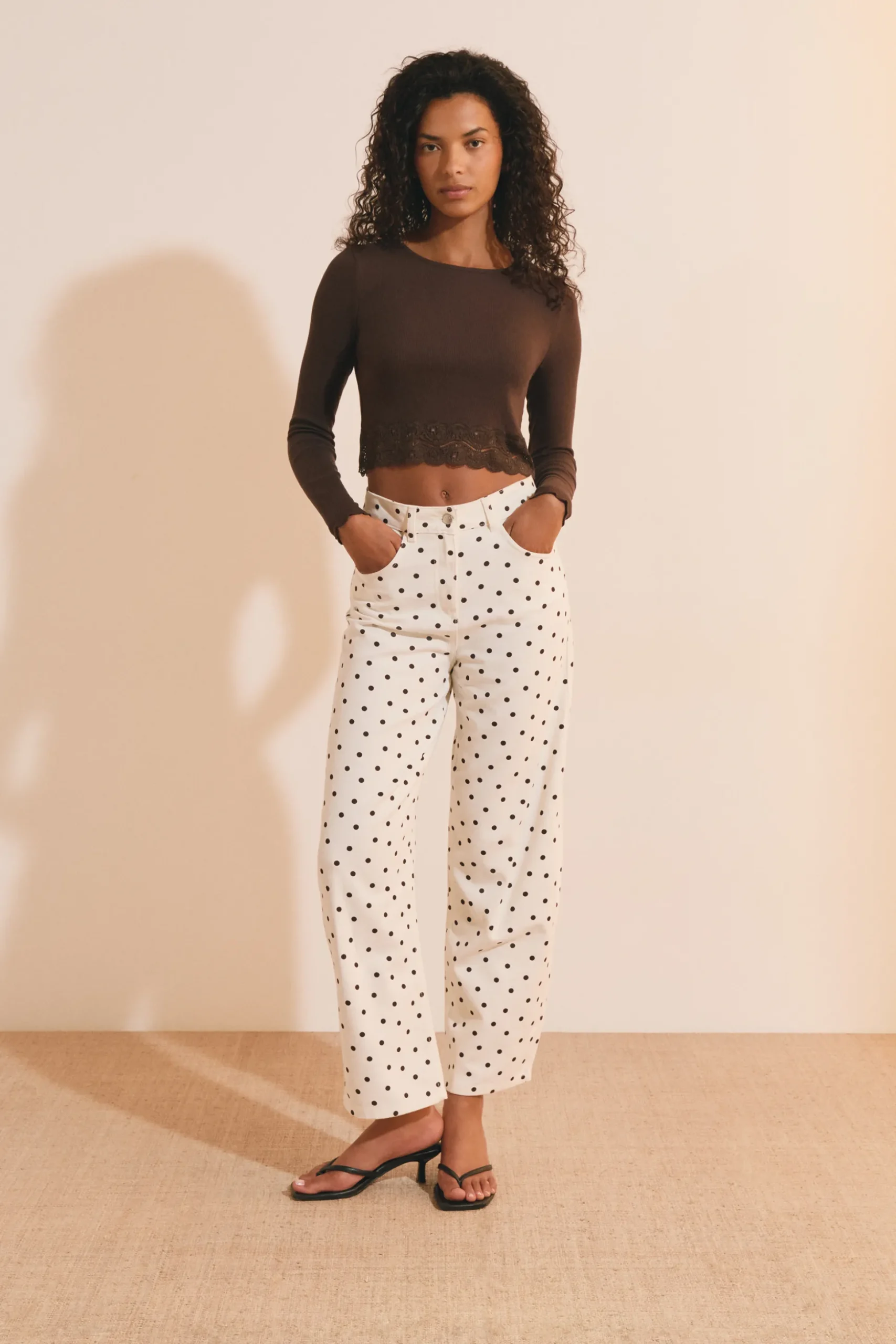 T-shirt court manches longues avec dentelle en coton