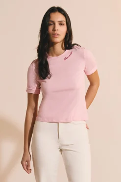 T-shirt en coton brodé manches coudes