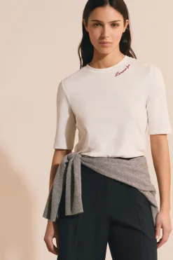 T-shirt en coton brodé manches coudes