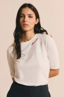 T-shirt en coton brodé manches coudes