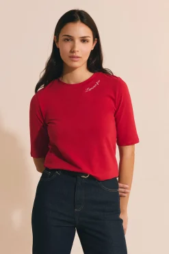 T-shirt en coton brodé manches coudes