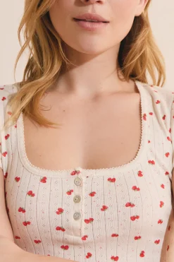 T-shirt manches courtes en pointelle à motifs fraises