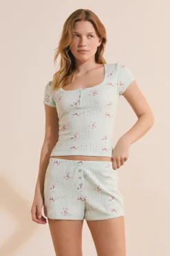T-shirt manches courtes à motifs en coton pointelle