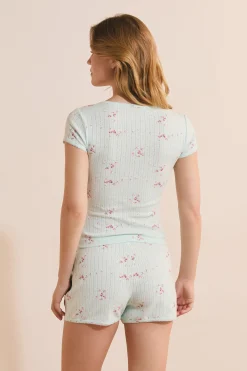 T-shirt manches courtes à motifs en coton pointelle