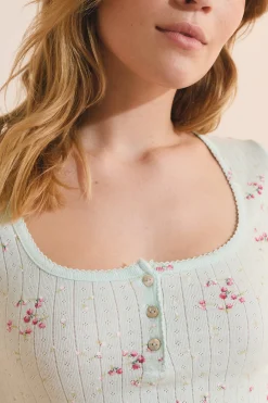 T-shirt manches courtes à motifs en coton pointelle