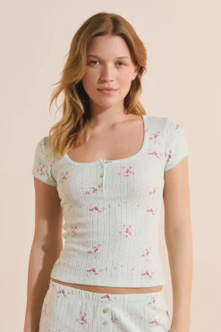 T-shirt manches courtes à motifs en coton pointelle