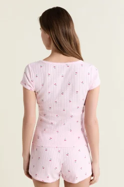 T-shirt manches courtes à motifs en coton pointelle