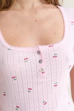 T-shirt manches courtes à motifs en coton pointelle