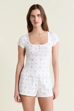 T-shirt manches courtes à motifs en coton pointelle