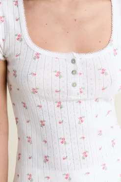 T-shirt manches courtes à motifs en coton pointelle