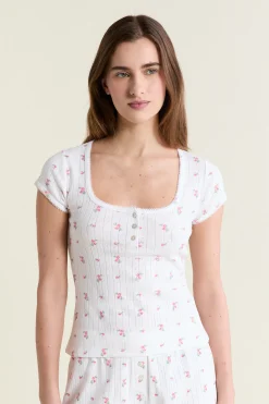 T-shirt manches courtes à motifs en coton pointelle