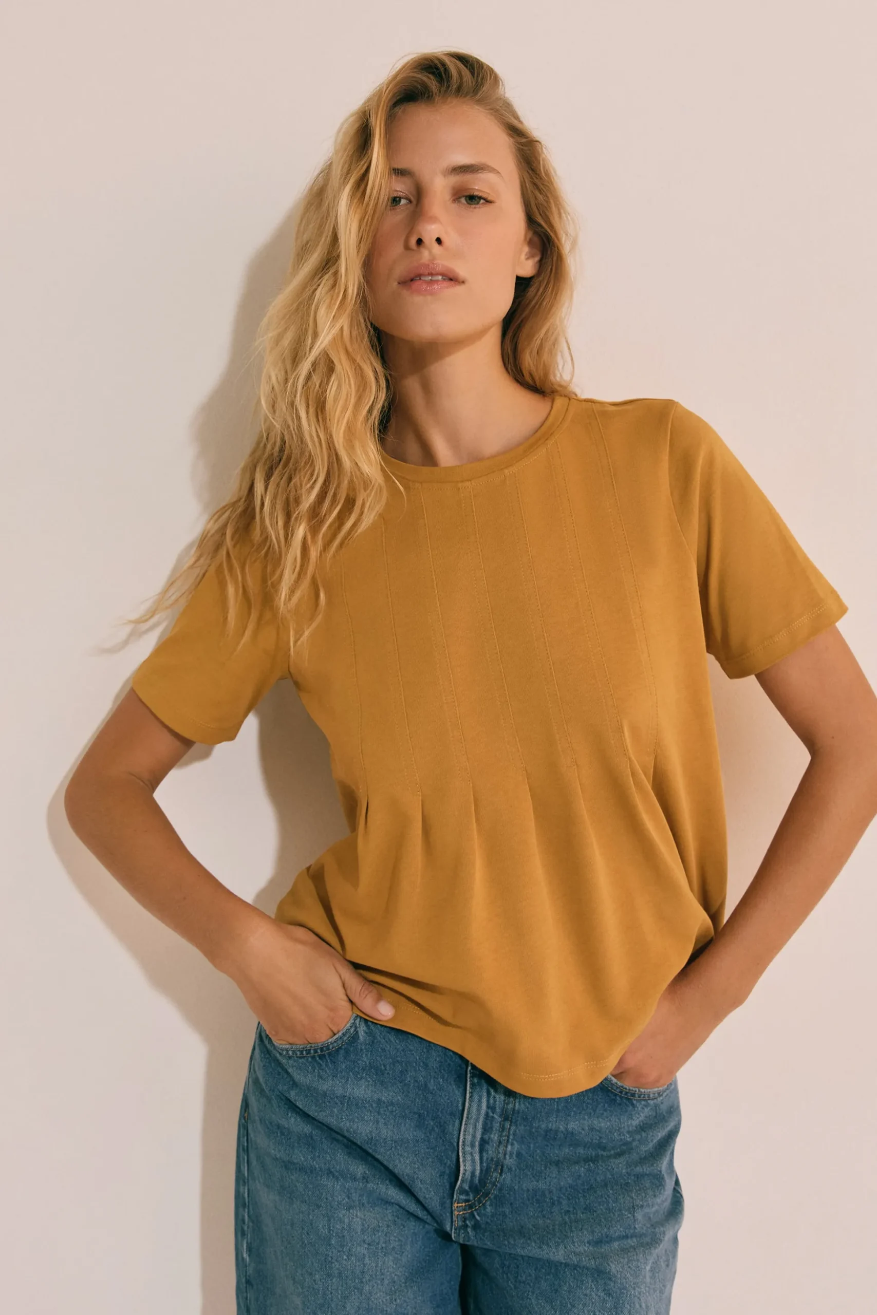 T-shirt plissé à manches courtes en coton
